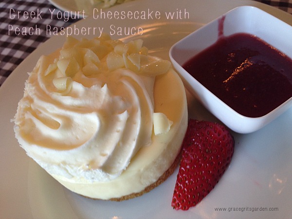 Greek Yogurt Cheesecake with Peach Raspberry Sauce