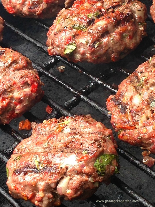 Grilled Basil Burgers!!! see the basil and sundried tomato? yum.