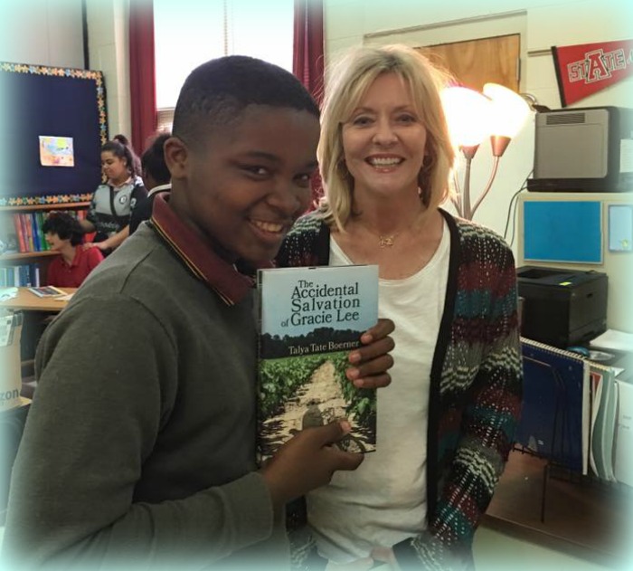 Blytheville Middle School student with my book